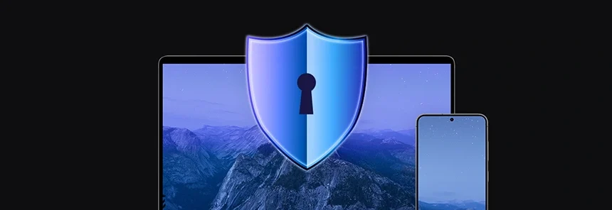 banner with laptop and shield icon with keyhole, next to phone