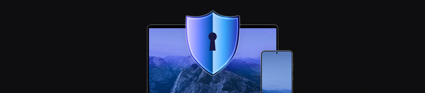 banner with laptop and shield icon with keyhole, next to phone