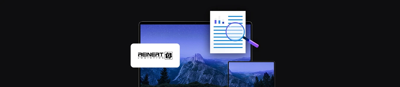 banner with Reinert Logistics logo, two mobile devices laptop and tablet, document icon with magnifying glass