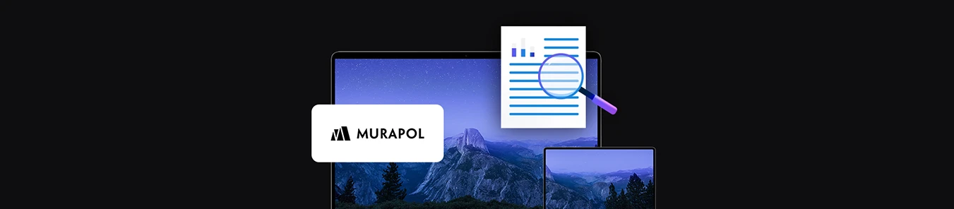 banner with Murapol logo, two mobile devices laptop and tablet, document icon with magnifying glass