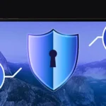 banner with laptop and shield icon with keyhole, Play Store icon, Apple App Store icon