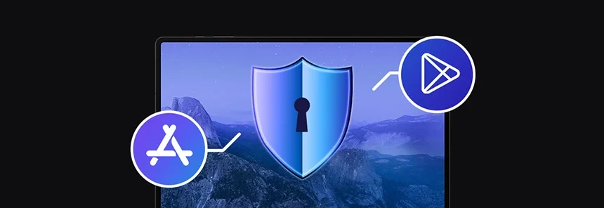 banner with laptop and shield icon with keyhole, Play Store icon, Apple App Store icon