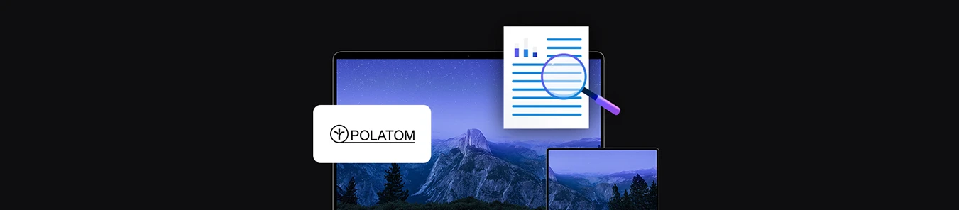 banner with POLATOM logo, two mobile devices laptop and tablet, document icon with magnifying glass