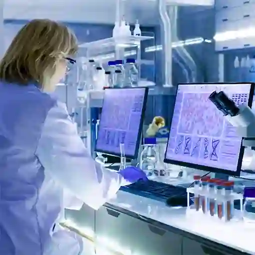 Proget mobility management for medical industry, lab worker over computer screen with test results