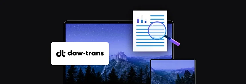 banner with Daw-Trans logo, two mobile devices laptop and tablet, document icon with magnifying glass