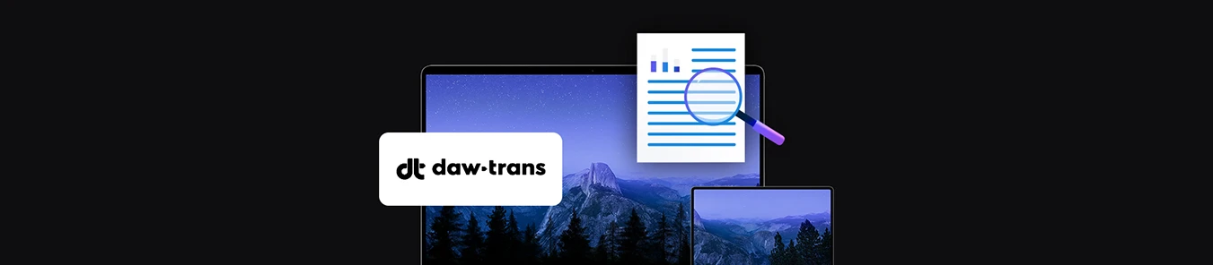 banner with Daw-Trans logo, two mobile devices laptop and tablet, document icon with magnifying glass
