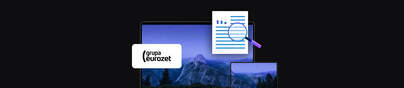 banner with Grupa Eurozet logo, two mobile devices laptop and tablet, document icon with magnifying glass