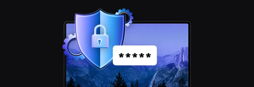 banner with laptop and padlocked shield icon, cogs, tile with password stars