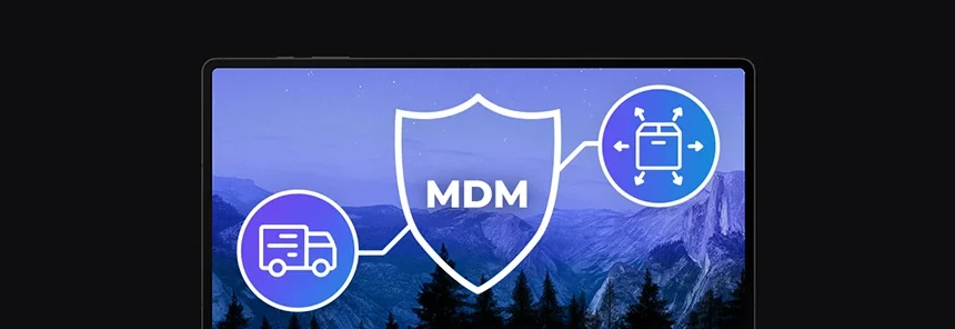 banner with laptop and graphics, Proget mobility management for logistics and transportation