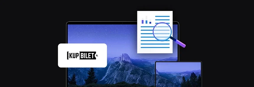 banner with KupBilet.pl logo, two mobile devices laptop and tablet, document icon with magnifying glass