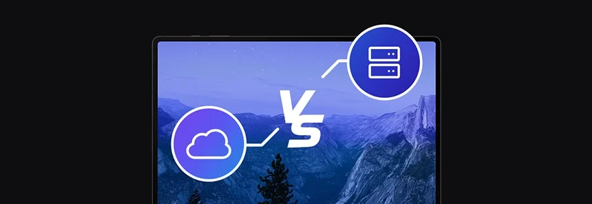 banner with laptop and icons of on-premise and cloud versions of Proget