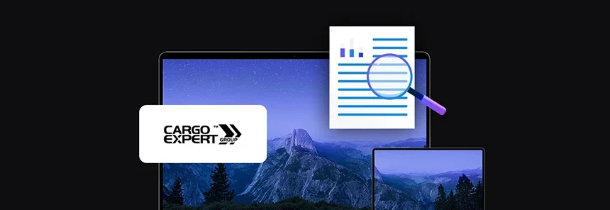 banner with Cargo Expert Group logo, two mobile devices laptop and tablet, document icon with magnifying glass