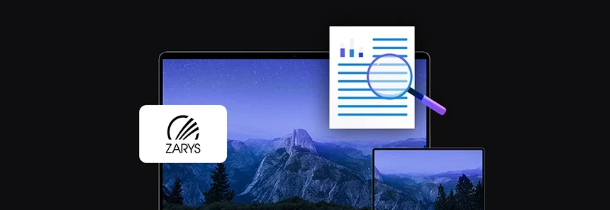 banner with Zarys logo, two mobile devices laptop and tablet, document icon with magnifying glass