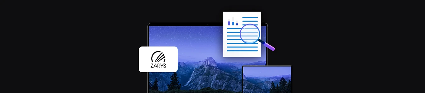 banner with Zarys logo, two mobile devices laptop and tablet, document icon with magnifying glass