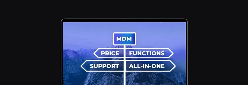banner with laptop and graphics, Proget MDM signpost, price, features, support, All-in-One
