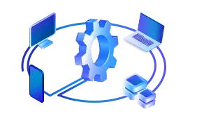 cog icon, mobile devices around, desktop, laptop, phone