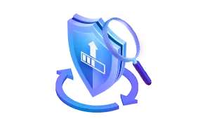 shield icon with charging symbol, magnifying glass, update arrows