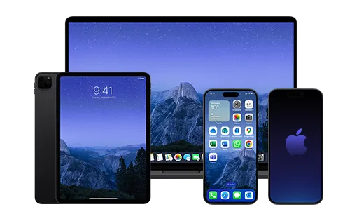 five devices, laptop, two tablets, two Apple smartphones