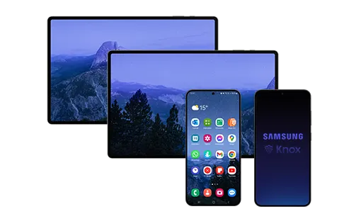 four mobile devices, two tablets and two Samsung smartphones