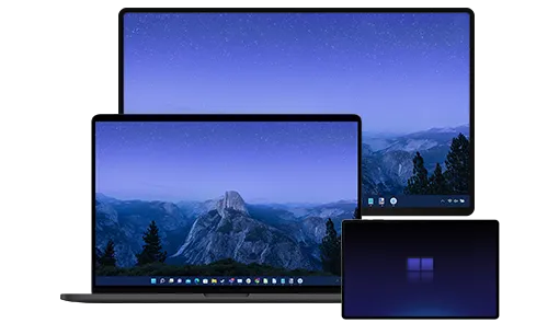 three devices, computer screen, laptop, Windows tablet
