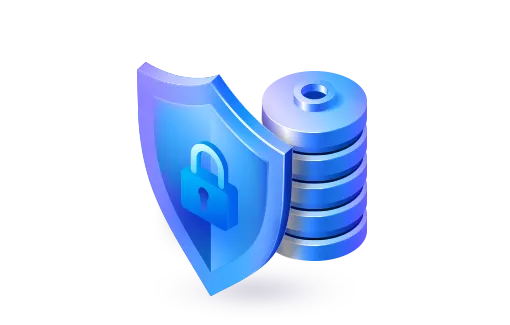padlocked shield icon, stacked hard drives