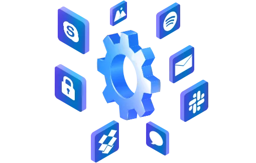 cog icon, around it tiles with application symbols