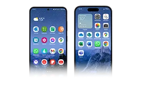 two smartphone mobile devices, front view of home screens with application icons