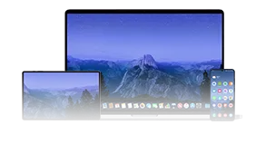 three mobile devices, tablet, laptop, smartphone, front view of desktop and home screen with applications