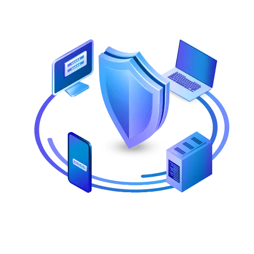 shield icon, around mobile devices, desktop computer, laptop, phone