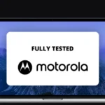 a banner with a laptop screen, on it the Motorola brand logo and the words 'fully tested'