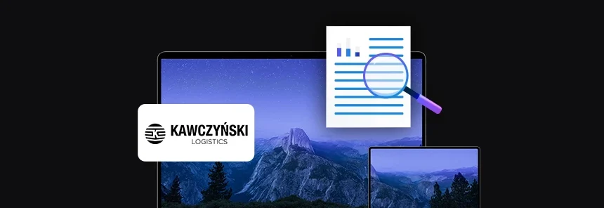 banner with Kawczyński Logistics logo, two mobile devices laptop and tablet, document icon with magnifying glass