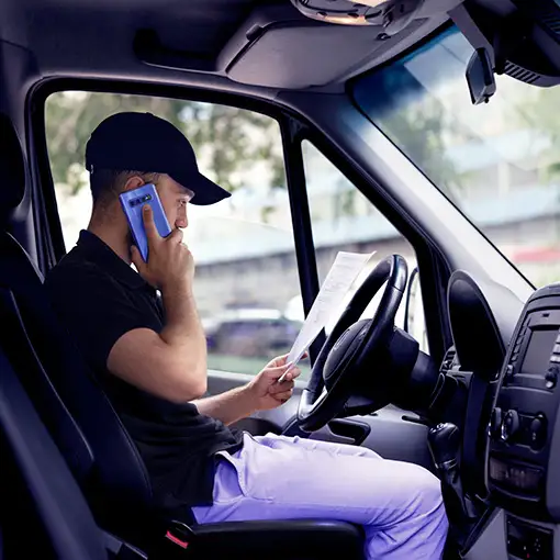 the driver sitting in the lorry is talking on the phone