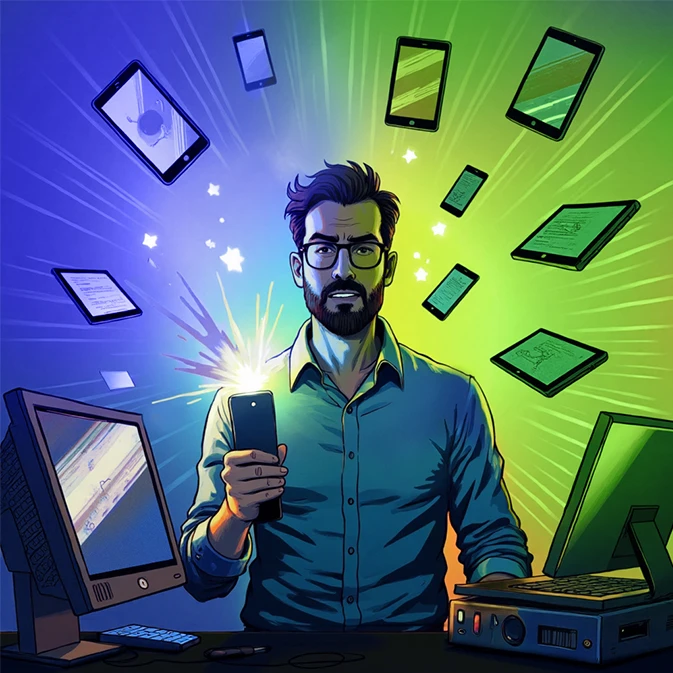 a cartoon admin with a remote control in his hand, next to him flying phones and tablets, which he controls with the remote control