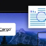 banner with Alza Cargo logo, two mobile devices laptop and tablet, document icon with magnifying glass