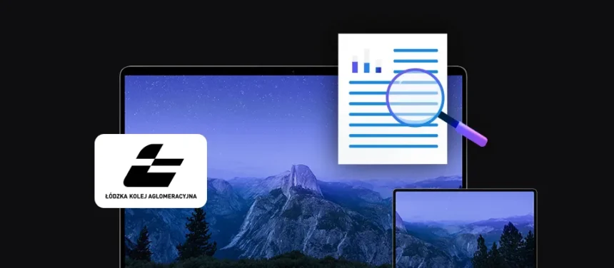 banner with Łódzka Kolej Aglomeracyjna logo, two mobile devices laptop and tablet, document icon with magnifying glass