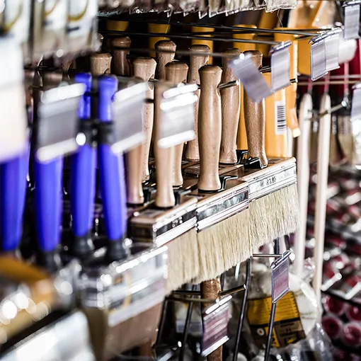 close-up of paintbrushes in a home improvement store