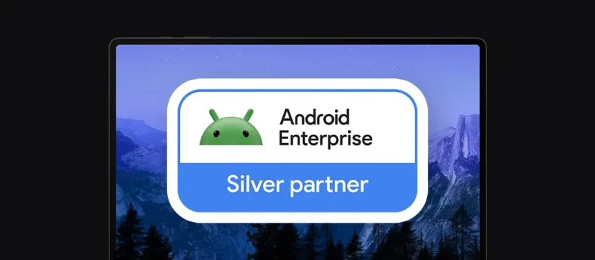 a laptop with the Android Enterprise Silver Partner badge