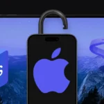 banner with a laptop, iPhone with an open padlock, iOS icon, crowbar